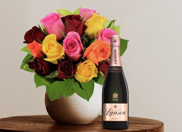 15 roses multicolores + lanson rosé